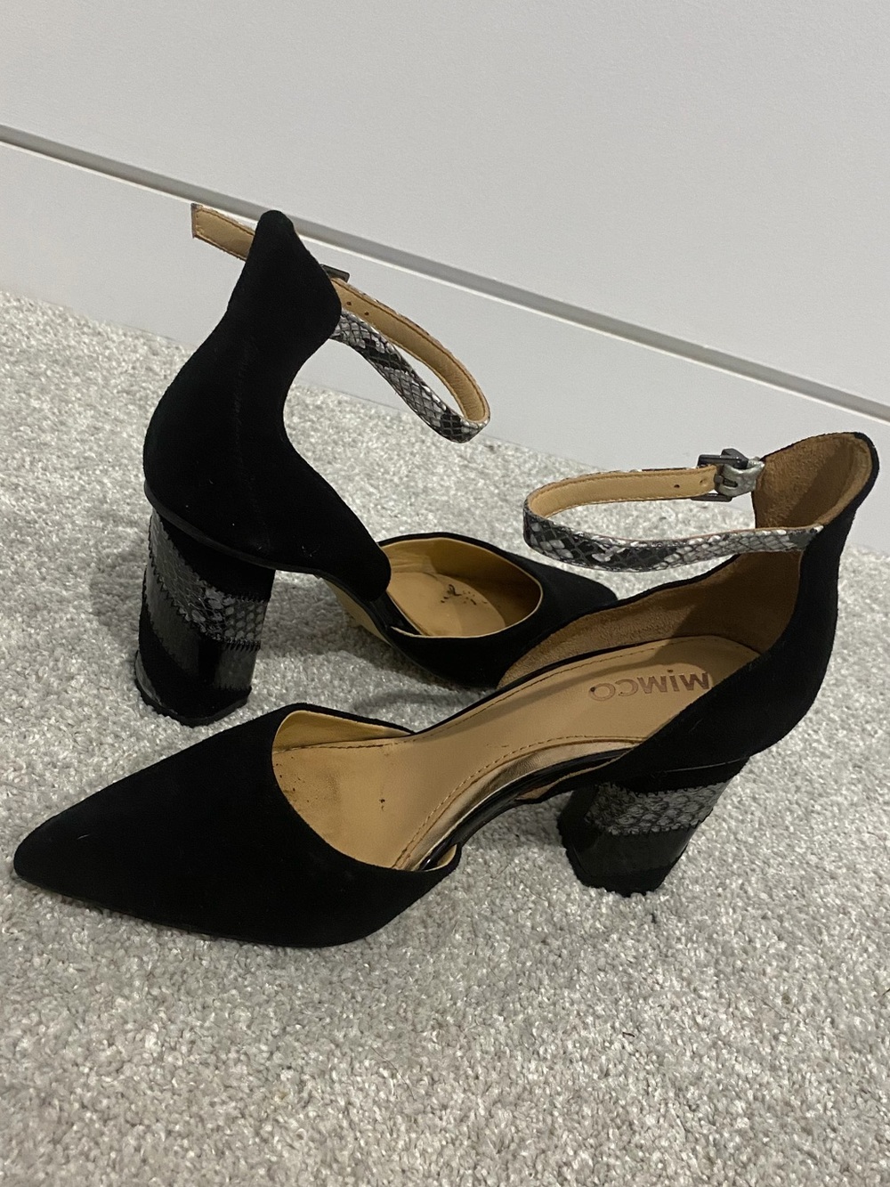Mimco Black Suede Pointed Block Heels with Snake-Print Ankle Strap